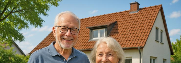  Ein älteres, lächelndes Paar steht vor seinem Einfamilienhaus im Grünen – Symbolbild für Immobilienverrentung in Leipzig zur finanziellen Absicherung im Alter.