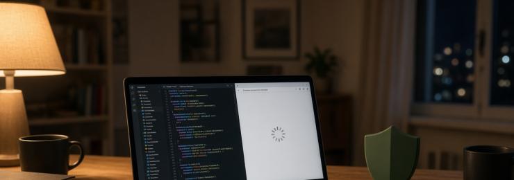 Laptop auf einem Schreibtisch, im Browser dreht ein Ladekreis, daneben steht ein Schutzschild